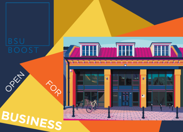 colourful graphic of shop front with 'BSU Boost Open for Business' in text
